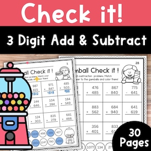 Puede incluir: Una hoja de trabajo imprimible con un tema de máquina de chicles para practicar problemas de suma y resta de 3 dígitos. La hoja de trabajo tiene el título "Check it! 3 Digit Add & Subtract" e incluye una variedad de problemas para que los estudiantes resuelvan.