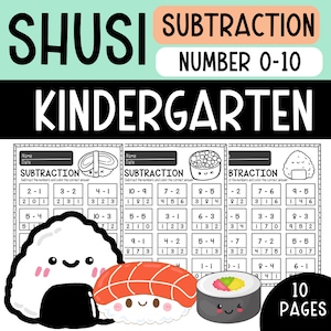 May include: Black and white printable worksheets featuring sushi-themed subtraction problems for kindergarten students. The worksheets include numbers 0-10 and are labelled "Subtraction".