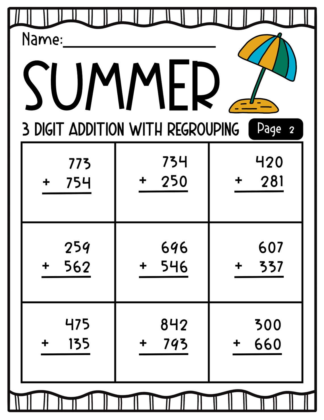 SUMMER 3 Digit Addition WITH and WITHOUT Regrouping Worksheets - Etsy