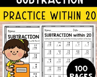 Subtraction within 20 Math Fact Fluency Timed Worksheet Practice 100 pages