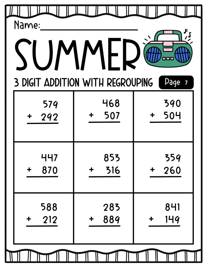 Addition Problems Lettering SUMMER 3 Digit Addition WITH and WITHOUT Regrouping Worksheets - Etsy