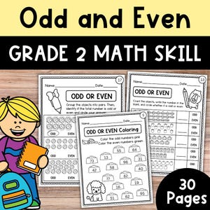 May include: Black and white printable worksheets for second grade maths. The worksheets feature activities for learning odd and even numbers. The worksheets include a colouring activity, counting objects, and grouping objects into pairs.