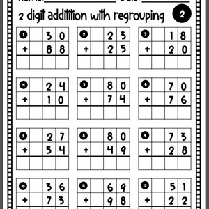 May include: A black and white worksheet with 12 math problems for two-digit addition with regrouping. Each problem is numbered and has a box for the answer.