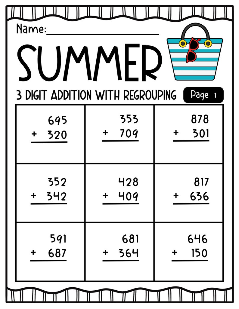 SUMMER 3 Digit Addition WITH and WITHOUT Regrouping Worksheets - Etsy