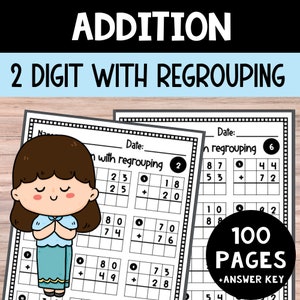 Puede incluir: Una hoja de trabajo imprimible con 100 páginas de problemas de suma para niños. La hoja de trabajo presenta un personaje de dibujos animados y el texto "Adición 2 dígitos con reagrupación".