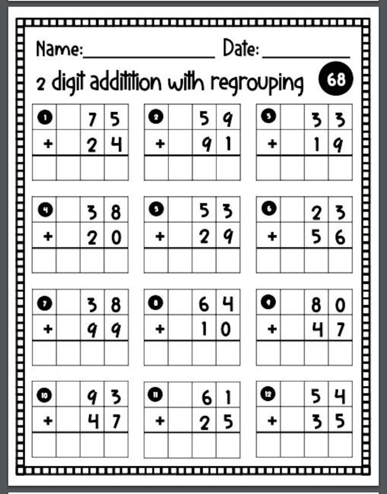 May include: A black and white worksheet with 12 math problems for two-digit addition with regrouping. The problems are numbered 1 through 12 and each problem has a space for the student to write the answer. The worksheet is titled "2 digit addition with regrouping" and has the number 68 in a circle in the top right corner.