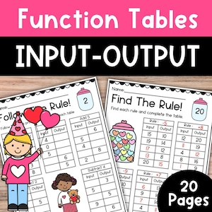May include: A printable worksheet with 20 pages of function tables for kids to practice finding the rule and completing the table. The worksheet features a Valentine's Day theme with hearts and a girl holding balloons.