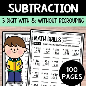 Op de afbeelding: Een zwart-wit werkblad met de titel "Math Drills" en "3 Digits Subtraction with and without regrouping". Het werkblad bevat 18 aftrekproblemen met driecijferige getallen. Het werkblad is ontworpen voor leerlingen om hun aftrekvaardigheden te oefenen.