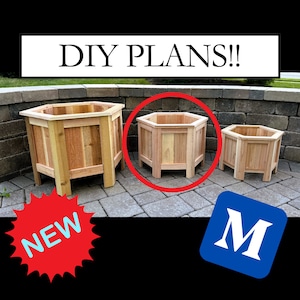 May include: Three wooden hexagonal planter boxes, one large, one medium, and one small, on a brick patio. The large planter is in the foreground, the medium planter is in the middle, and the small planter is in the background. The planters are made of natural wood and have a rustic look. The text "DIY PLANS!!" is at the top of the image, and the text "NEW" is in a red starburst shape in the bottom left corner. The text "M" is in a blue square in the bottom right corner.