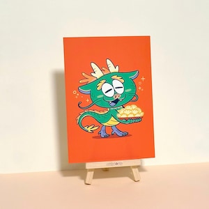 Knödeldrache | 13x18cm Kunstdruck · süße Foodie Postkarte · limitierte Auflage des Jahres des Drachen rotes Wanddekor · asiatisches Essen Miniposter