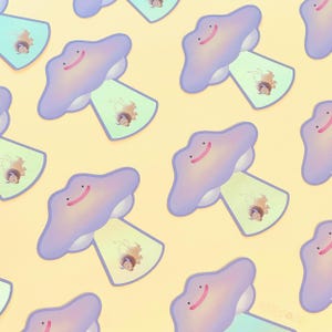 May include: A sheet of colorful stickers featuring a cartoon character with a smiling face. The character is depicted as a purple and blue mushroom with a yellow stem. The stickers are arranged in a repeating pattern on a yellow background.
