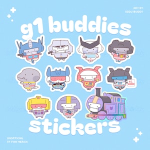 May include: A collection of colorful G1 Buddies stickers on a light blue background. The stickers feature cartoon-style characters with various designs, including a train. The word "stickers" is at the bottom.