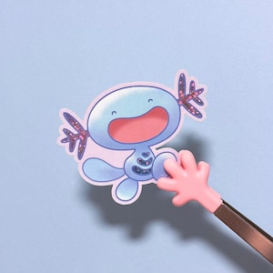 Pegatina holográfica con purpurina y forma de axolotl feliz y adorable · Pegatina de personaje inspirado en un juego de anime kawaii