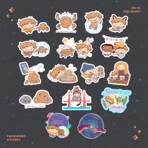 May include: A collection of seventeen colorful cartoon stickers featuring a brown rock character and a human figure in various scenarios, including surfing, sleeping, and celebrating. The stickers include text like "CONGRATS," "just be a rock," "SURF'S UP BABY," and "Save earth, save grid."
