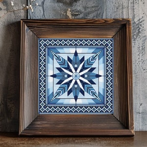 Cross Stitch Chart, Blue MARQUETRY STAR Embroidery Pattern, PDF Cross Stitch Pattern Mandala