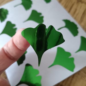 Set of 10 Beautiful Green Ginkgo Leaf chrome Sticker, Gingko Leaves Metallic Decal