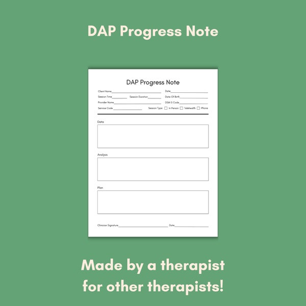 DAP Note for Therapists, PDF Fillable, Printable for Social Workers, Psychiatrists, Mental Health, Counselors