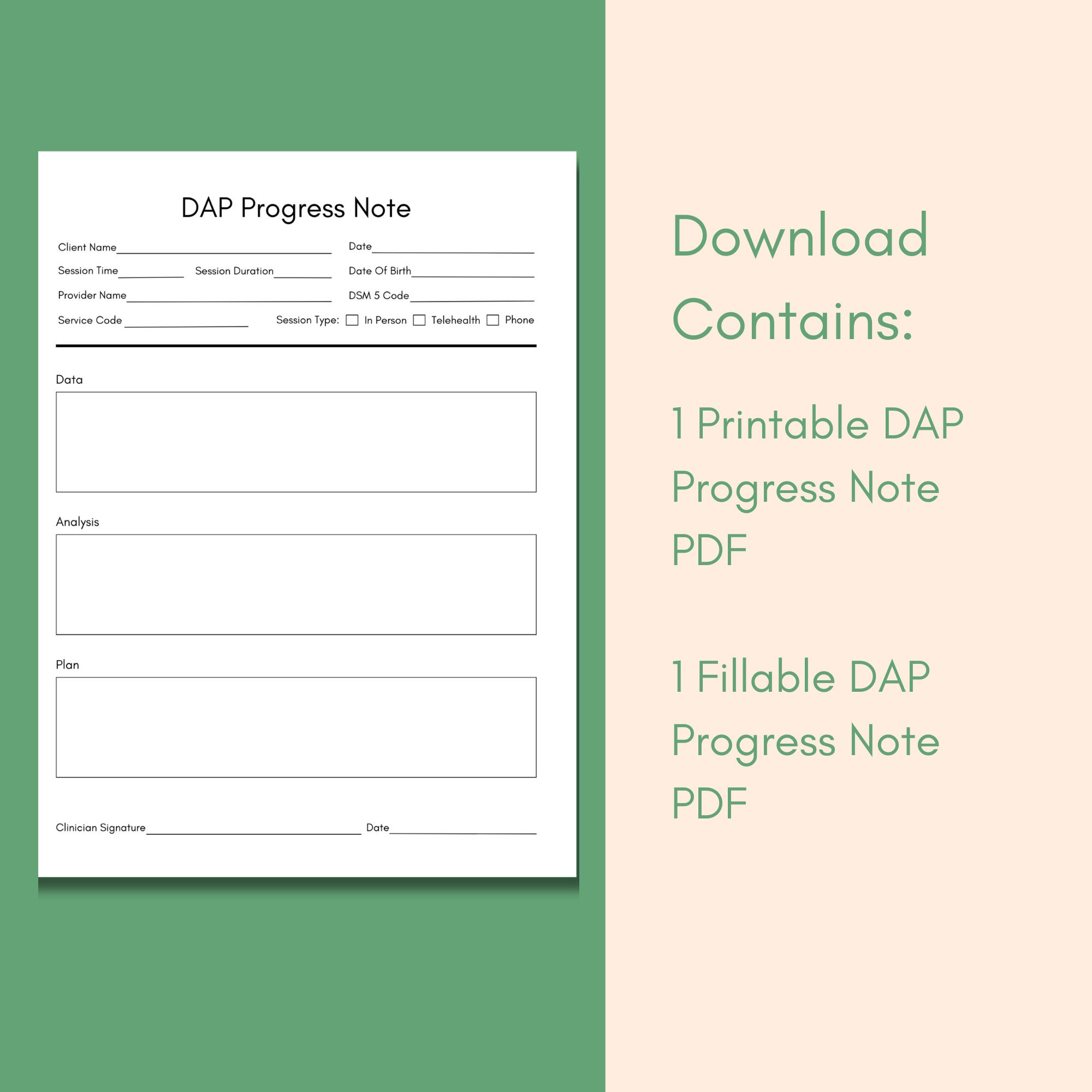 Dap Style Note DAP Note for Therapists, PDF Fillable, Printable for Social Workers ...