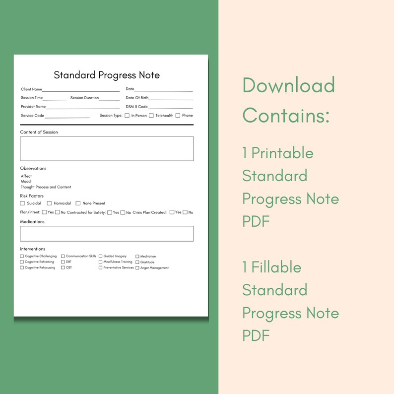 Standard Progress Note for Therapists, PDF Fillable, Printable for ...