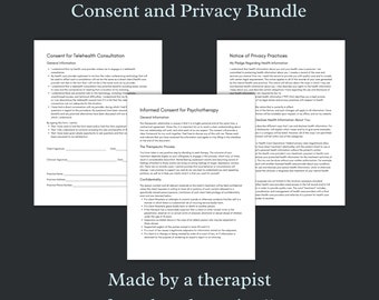 Puede incluir: Un paquete de formularios de consentimiento y privacidad imprimibles para terapeutas. Los formularios incluyen un consentimiento para la consulta de telesalud, un consentimiento informado para la psicoterapia y un aviso de prácticas de privacidad.