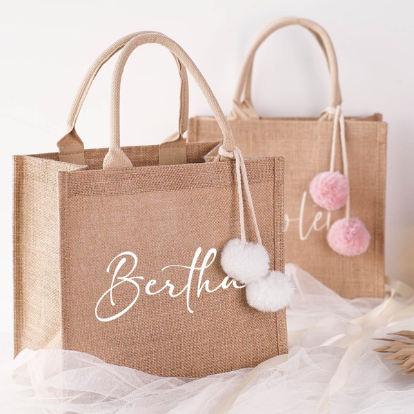 Custom Burlap Tote Bag, Personalized Bridesmaid Bags with Name, Bridesmaid Gifts, Wedding, Bachelorette Party Favors, Beach Bag, Jute Bag
