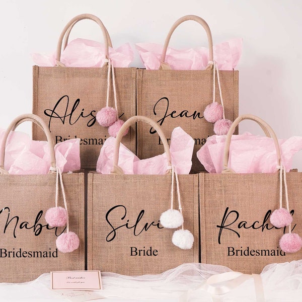 Personalized Bridesmaid Bags with Name, Custom Burlap Tote Bag, Bridesmaid Gifts, Wedding, Bachelorette Party Favors, Beach Bag, Jute Bag