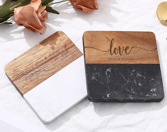 Personalized Wedding Marble Wooden Coasters, Custom Engraved Coaster Set with your name, Bridal/Engagement/Couple Gift, Handmade with Love