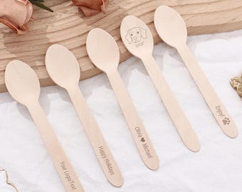 Custom Wooden Disposable Round Spoons with your Text/Logo, Engraved Name Wood Dessert Spoons, Utensils for Wedding/Party Decor, Eco Friendly
