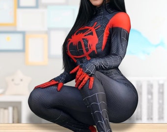 Halloween Newest Spider-Women Miles Morales Cosplay Costume, Into The Verse 3D Print Zentai Bodysuit for Adult Kids, Spider-Women Suit