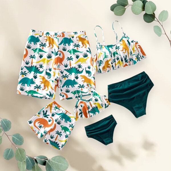 Family Swimsuit Set, Family Matching Allover Colorful Dinosaur Print Swim Trunks Shorts and Spaghetti Strap Two-Piece Swimsuit