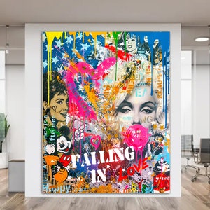 Canvas print Faling in love Bright Large Graffiti Style Wall Art Pop Art Decor Original Graffiti Ready to Hang Decor Wedding gift