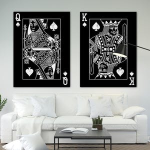 Impression sur toile noir et blanc du roi et de la reine, jeu de cartes à jouer, art mural pour lui et pour elle, grandes cartes, cadeau pour couple au-dessus du lit, impression de décoration encadrée