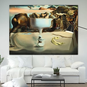 Salvador Dali Apparition of Face and Fruit Dish on a Beach Canvas print Bright Etra Large Impression Wall Decor Ready Hang Housewarming gift