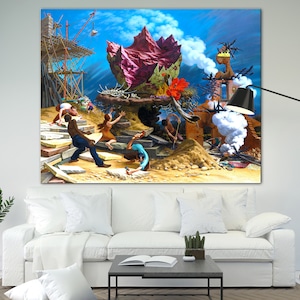 Puede incluir: Una pintura surrealista que representa a un grupo de personas trabajando en un proyecto de construcción. Una gran roca púrpura con una corona de hojas se asienta sobre una plataforma. La escena se desarrolla sobre un fondo de cielo azul con nubes blancas.