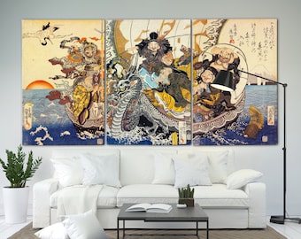 Utagawa Kuniyoshi The Seven Lucky Gods Japanese Extra Large Canvas Print Wall Art Ready to Hang Livingroom Wall decor Housewarming gift