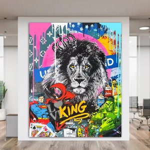 Canvas print King Bright Large Graffiti Style Wall Art Pop Art Decor Original Graffiti Ready to Hang Decor Mens cave Gift for him