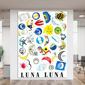 May include: A white background with a colorful collage of moons, stars, and other celestial imagery. The text "LUNA LUNA" is at the bottom of the image.