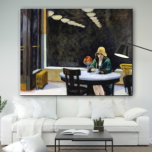 May include: A painting of a woman in a green dress and a yellow hat sitting at a table in a cafe. The cafe is dimly lit and there are several other people in the background.