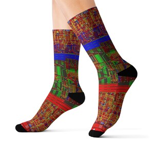May include: Red, green, blue, and yellow patterned socks with a circuit board design.