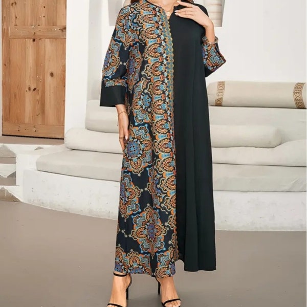 Boho Summer Dress Elegant Vacation Dress Ethnic Print Maxi Dress,  Notched Neck Bohemian dress women's clothing long maxi muslim dress