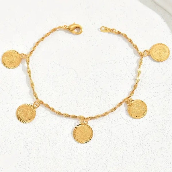 Gold plated Berber coin bracelet / Ethnic gypsy Boho jewelry vintage coin design minimalist bracelet for Daily Wear charm bracelet handmade