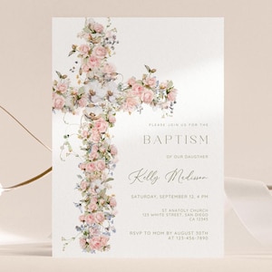 Vintage Floral Baptism Invitation Girl, Girl Flower Invitation Template, Christening Invitation Dusty Pink Template, Elegant Invite,Download