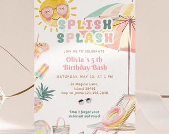 Splish Splash Birthday Invitation Template | Pool Party Water Slide Invite | Kids Summer Birthday Editable Printable PDF | Instant Download