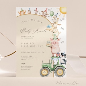 May include: A charming first birthday invitation card. It features a green tractor with a stack of farm animals, including a pig, goat, and cow, holding birthday cakes. The text reads "Calling All Party Animals" and includes party details.