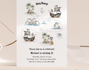 Uitnodiging piratenschatkaart, aquarel verjaardagsfeestje uitnodigen (digitale download)