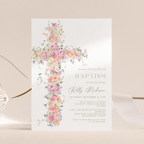 Floral Cross Baptism Invitation, Blush & Ivory, Girl Christening Invite (Digital Download, 5x7" )