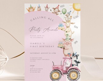 Pink Farm Animals 1st Birthday Invitation: Barnyard Party (Digital Canva Download)