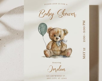 Teddy Bear Baby Shower Invitation Template: Woodland Theme (Canva Editable, Digital Download)