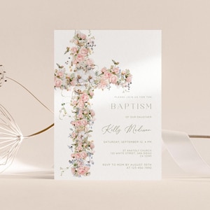 Floral Cross Baptism Invitation Girl: Dusty Pink Template (Digital Download)