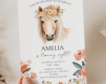 Floral Horse Birthday Invitation: Editable Girl's Party Invite (Digital Download)